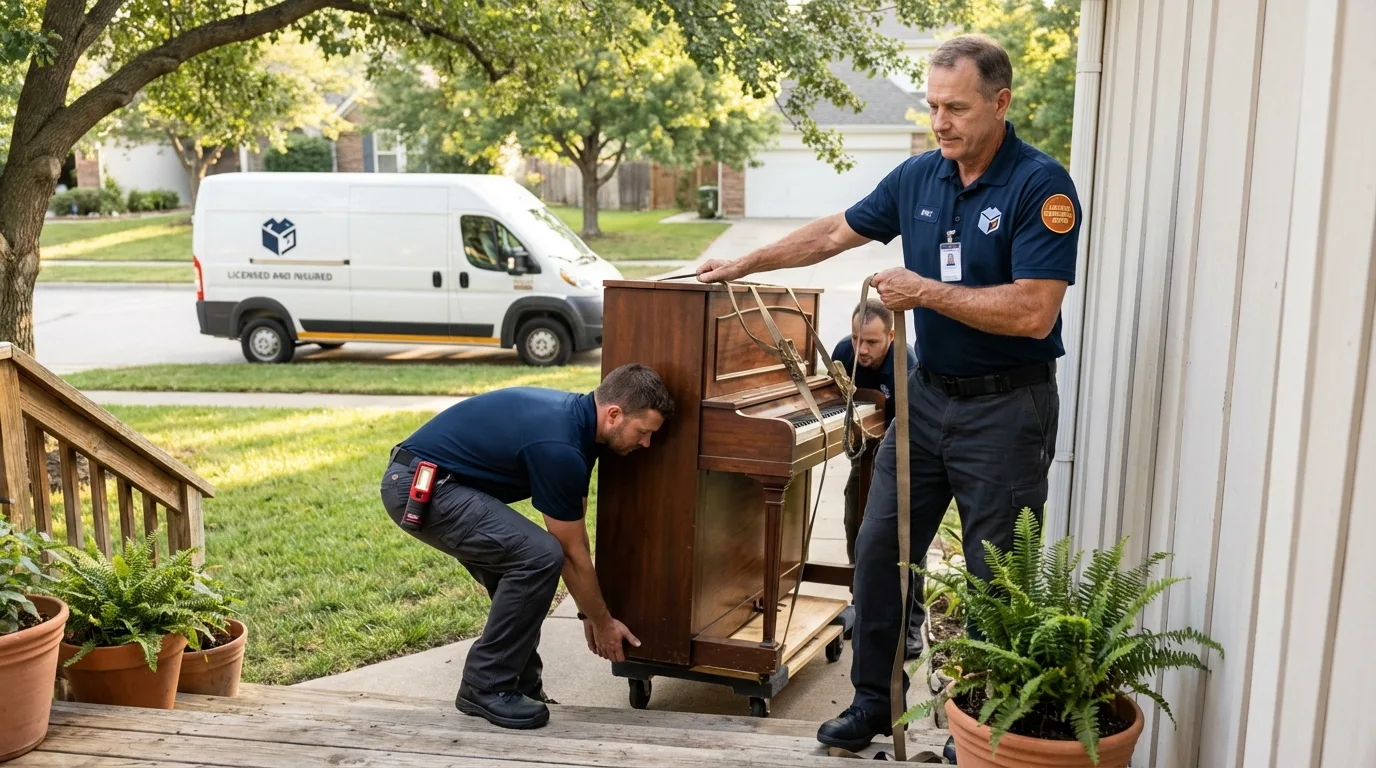 Licensed piano movers securing grand piano in Lesage, WV