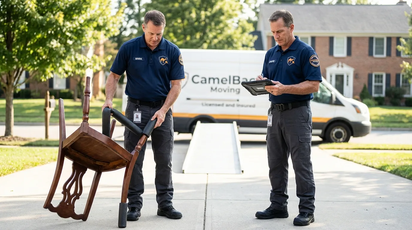 Movers inspecting furniture for damage prevention before loading in Lesage, WV