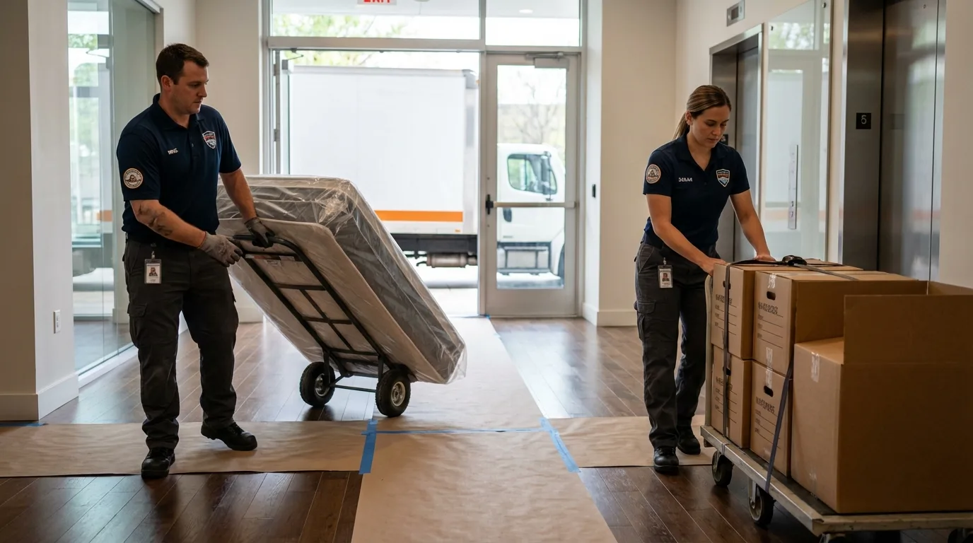 Professional apartment movers loading elevator in Lesage, WV